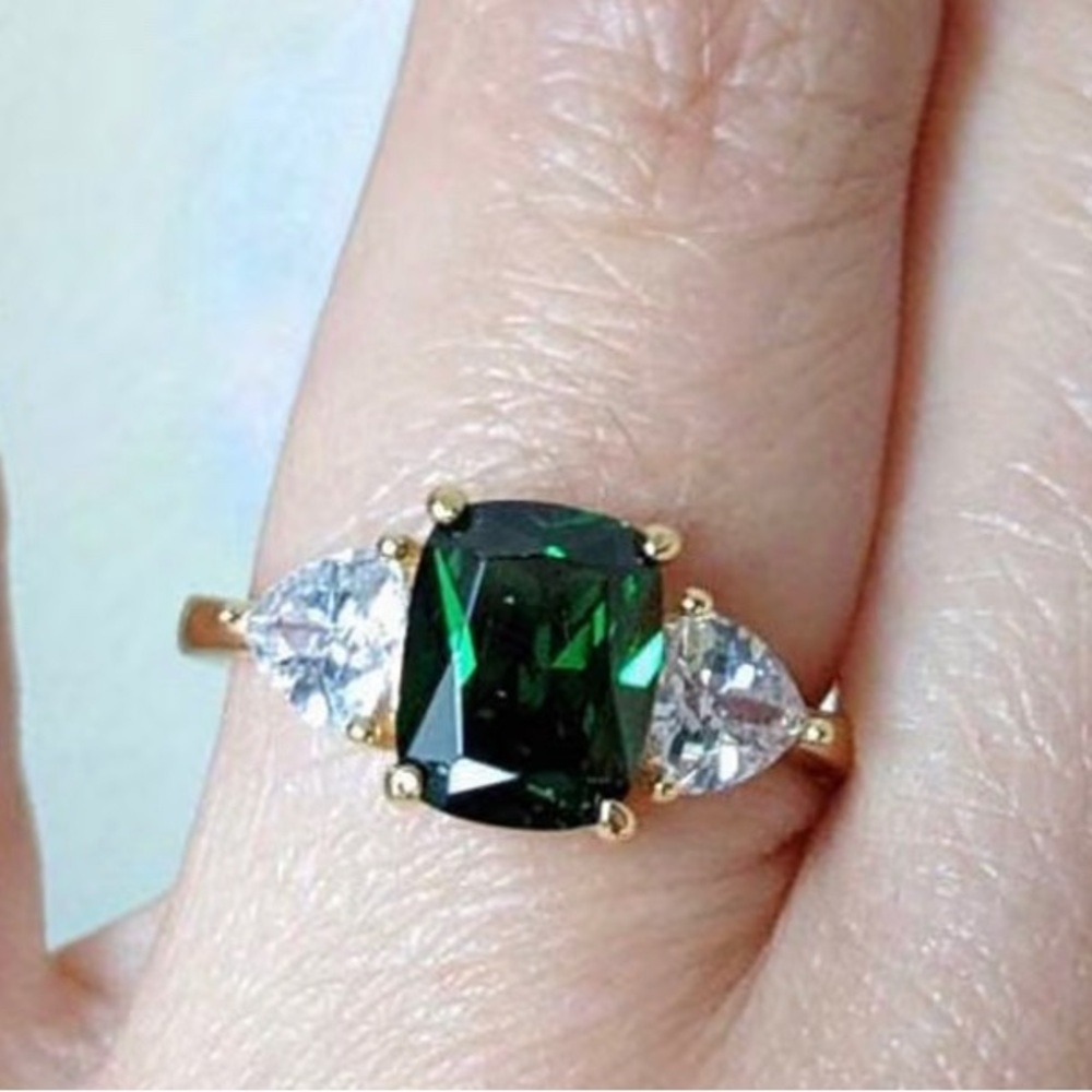 Emerald Green Synthetic Zircon Three-Stone 14k Gold Plated Ring - Women Jewelry - Picture 3 of 4